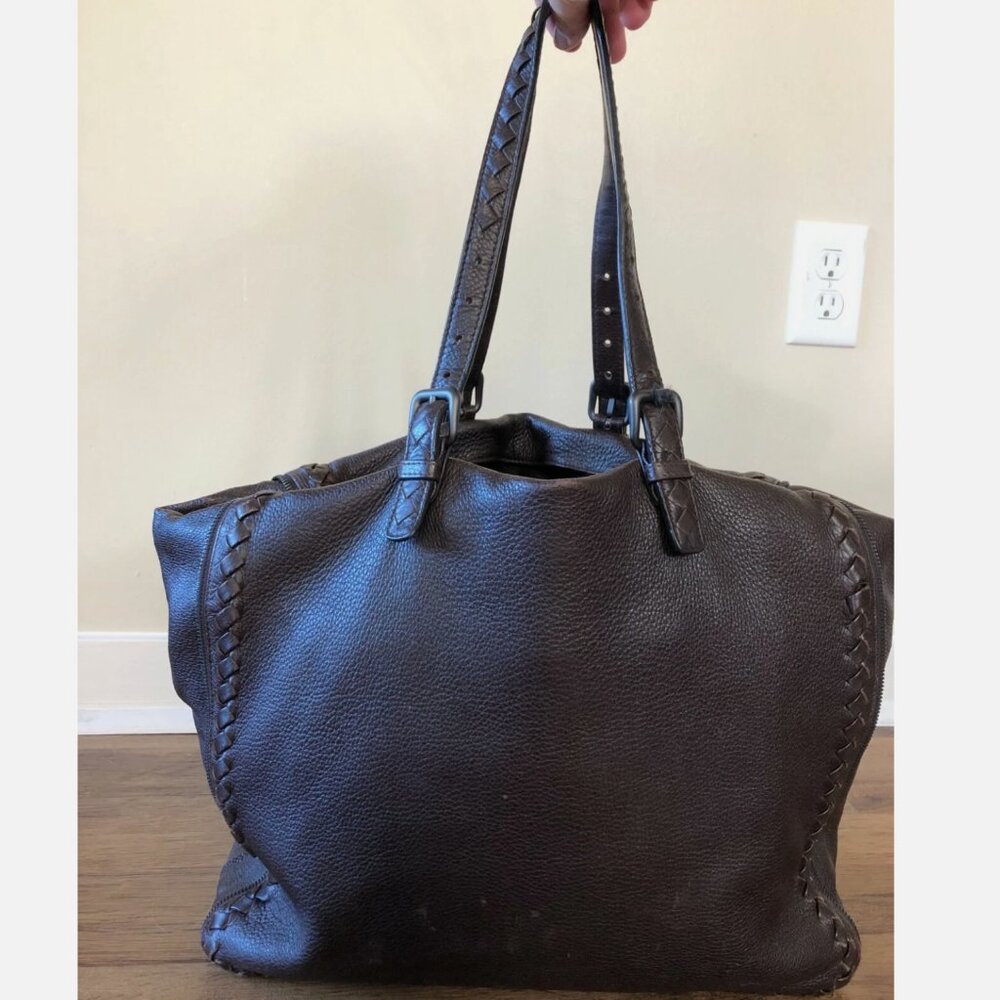 BOTTEGA VENETA Brown Deer Skin Large Bag, Woven Trim, Expandable Intrecciato